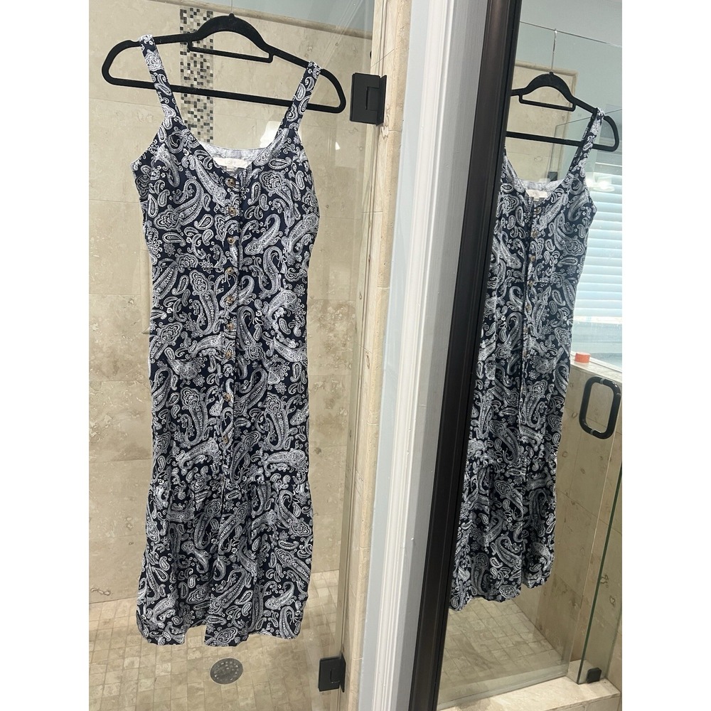 LOFT Navy Blue Paisley Linen Blend Button Front Midi Dress Womens Size 2